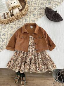 LMoss Kids Conjunto de 2 piezas de ropa de niña bebé con camisa corta casual de unicolor tejida y vestido camisero con estampado floral ditsy para otoño e invierno - Multicolor - Ver 1