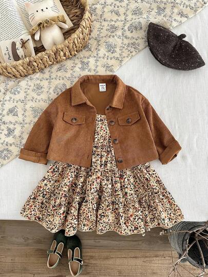 LMoss Kids Conjunto de 2 piezas de ropa de niña bebé con camisa corta casual de unicolor tejida y vestido camisero con estampado floral ditsy para otoño e invierno