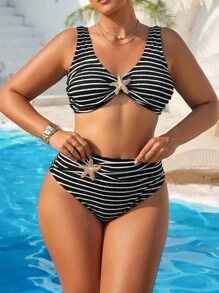 Swim Vcay 大码女式条纹面料两件套泳衣套装，简约设计，适合日常穿着，夏季海滩度假