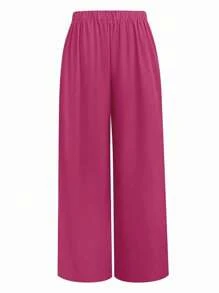 EMERY ROSE 大码女式纯色褶皱阔腿宽松休闲裤 - 玫紅色 - 查看 2