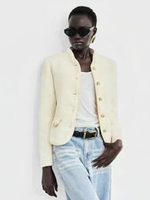 Lumivelle 女式长袖优雅粗花呢面料夹克，配有金属纽扣和缎带饰边 - 白色 - 查看 4