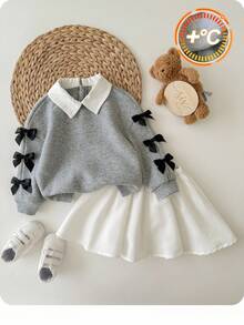 SHEIN Baby Mädchen süßer grauer Schleifen Sweatshirt & Mini Rock Set, Herbst/Winter