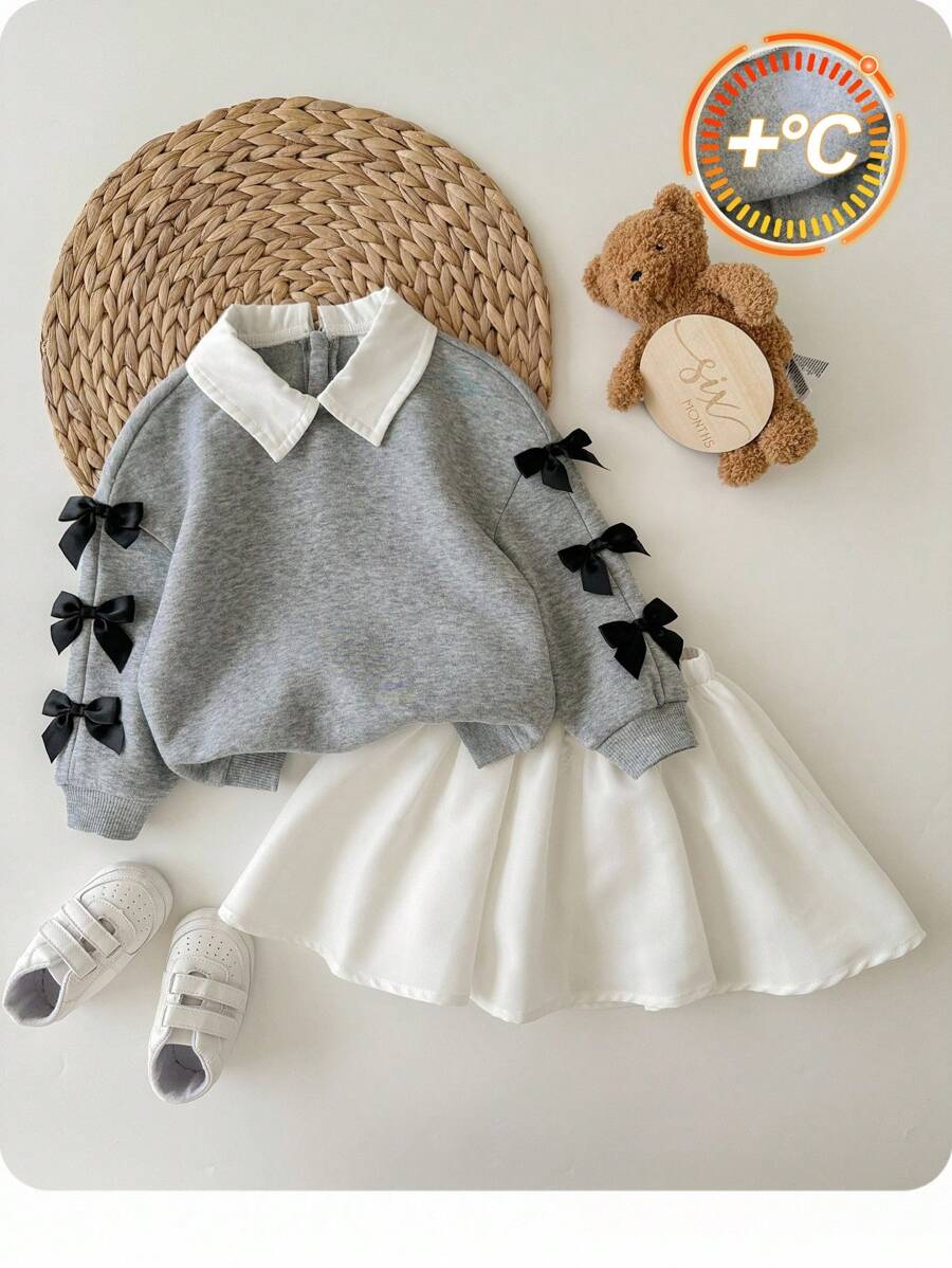 SHEIN Baby Mädchen süßer grauer Schleifen Sweatshirt & Mini Rock Set, Herbst/Winter