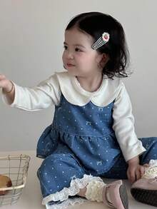 DAZY 2pcs Baby Girls' Casual Butterfly Print Denim Set, Crew Neck Fall/Winter Toddler Girls Clothes - Blue - View 3