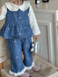 DAZY 2pcs Baby Girls' Casual Butterfly Print Denim Set, Crew Neck Fall/Winter Toddler Girls Clothes - Blue - View 5