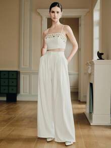 Anewsta 女士新款优雅珍珠串珠吊带背心上衣和白色裤子两件套 - 白色 - 查看 6