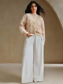 Anewsta 大码女式秋季二合一3D蕾丝花卉长袖单排扣针织开衫 - 粉色 - 查看 6