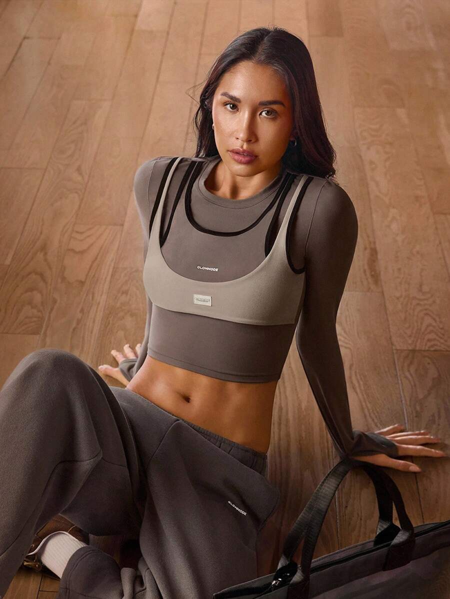 GLOWMODE FeatherFit™ Double-Take Soft Stretchy Contrast Color Trim 2 In 1 Long-Sleeve Tee Top Low Impact Yoga Pilates Studio Gym Daily Casual Wear Fall Winter