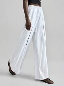 Ontre 2025 亚麻面料，秋冬全季，秋季服装，冬季服装，返校，万圣节女装，圣诞节，女教师制服，夜间外出服装，商务休闲裤，带抽绳松紧腰带和荷叶边下摆 - 白色 - 查看 5