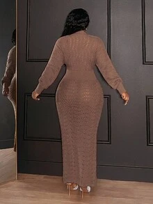 Slaydiva Nuevo vestido de punto maxi elegante de manga larga con cuello en V profundo, cinturón y ajuste ceñido en color marrón sólido para uso en ocasiones formales, fiestas nocturnas y uso casual, tallas grandes, vestido marrón para mujer, vestidos de mujer de otoño e invierno, vestido maxi ajustado de manga larga elegante, vestido maxi de malla elegante, conjunto elegante de 2 piezas, vestido Slay Diva - Marrón - Ver 2
