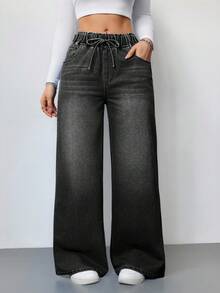SHEIN Tall Women's Jeans Casual High Waist Wide Leg Trousers Blue Women's Jeans Baggy Jeans Y2k Jeans Wide Leg Jeans Jeans With Drawstring High Waisted Jeans Romwe Jeans Women Jeans High Waist,Black Jeans - Black - View 7