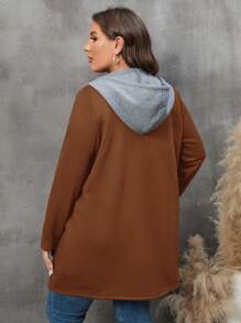 SHEIN LUNE 冬季女装两用口袋抽绳连帽大衣 - 棕色 - 查看 2