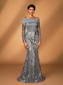 Serin Robe sirène à manches longues en satin élastique froncé, avec patchwork de dentelle brodée de sequins. Élégante et luxueuse, convient pour le mariage, les fêtes, les enterrements de vie de jeune fille, les vacances, le bal de promo, la mère de la mariée. - Gris - Voir 6