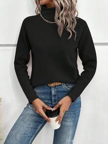 SHEIN LUNE 简约休闲纯色高领毛衣，适合秋冬 - 黑色 - 查看 6