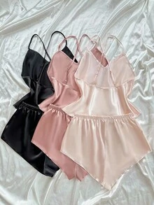 3件套 SilkySpell 彩色露背交叉肩带仿丝睡衣套装 - 彩色 - 查看 2