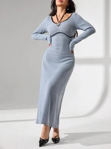 Modelyn V-Neck Color Block Tie Collar Metal Decor Button Long Sleeve Waist Cinched Women Long Dress Fall Cloth For Women - Blue - View 3