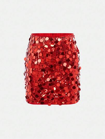 SHEIN Girlism Tween Girl Solid Color Beaded Casual Bodycon Mini Skirt Girls Sequin Skirt Red Sequin Skirt Skirts For Teen Girls Fall Winter Red Skirt