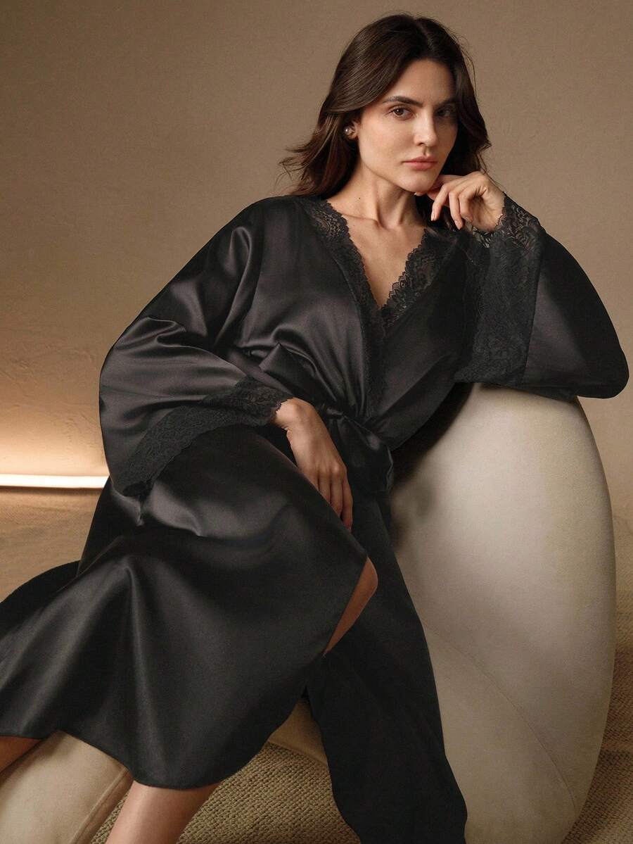 Anewsta Elegant Lace Patchwork Long Robe For Women Luxe Loungewear, Vacation, Winter - Black - View 1