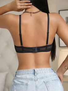 SHEIN Elacene 女士纯色性感蕾丝拼接文胸 - 黑色 - 查看 2