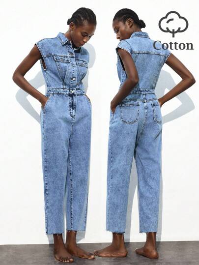 Maija Women's Blue Denim Jumpsuit Sleeveless Tapered Jumpsuit Minimalist Outfit