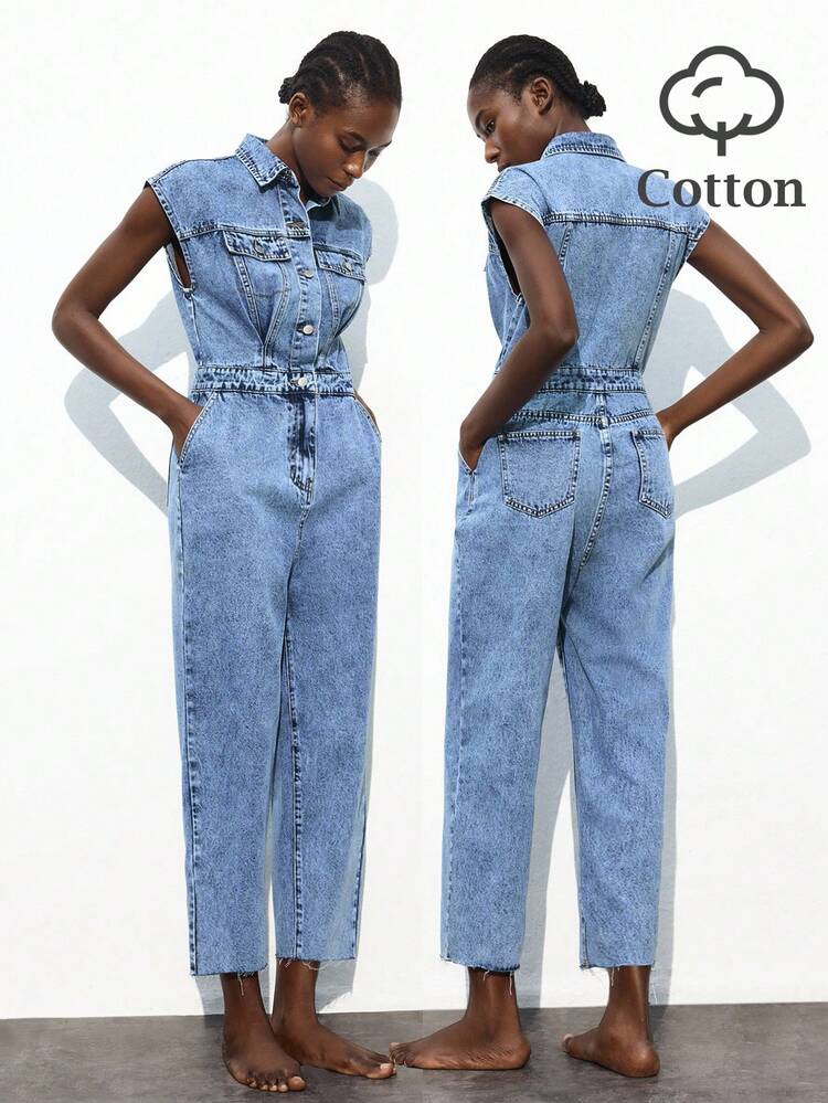 SHEIN Maija Women's Blue Denim Jumpsuit Sleeveless Tapered Jumpsuit Minimalist Outfit