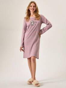 Loomlin Women Cotton Round Neck Rib Knit Striped Cute Bear&Letter Embroidery Detail Long Sleeve Homewear Pajama Sleep Dress - Multicolor - View 4