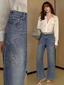 MOTF PREMIUM JEANS DE PIERNA RECTA CON AJUSTE HOLGADO Y ADORNOS DE RHINESTONE ELEGANTES - Azul - Ver 1