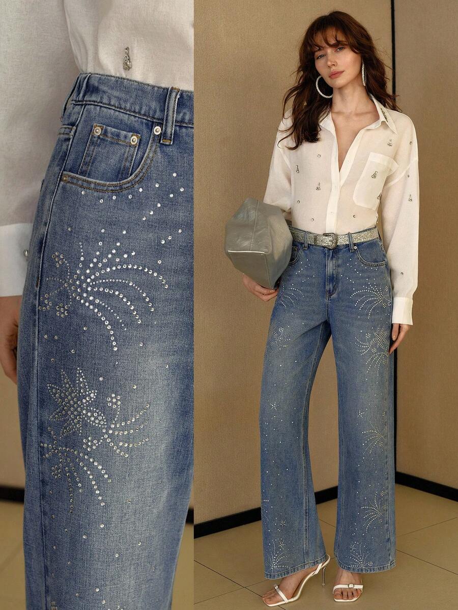 MOTF PREMIUM JEANS DE PIERNA RECTA CON AJUSTE HOLGADO Y ADORNOS DE RHINESTONE ELEGANTES - Azul - Ver 1