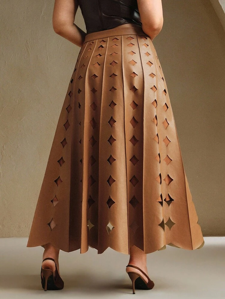 Jupes en cuir PU marron clair amples à ourlet en A, de couleur unie, avec motif de fleur brûlée prismatique, élégantes et à la mode pour le travail et les déplacements, pour femmes grandes tailles en automne et hiver