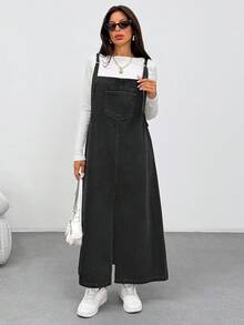 EURMUSE WOMEN LONG DENIM DRESS POCKET AND SLIT DETAIL - Black - View 3