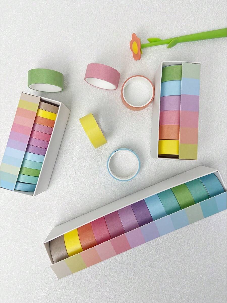 SHEIN 1 Box Multicolored Macaron Washi Tape Set, 6/12 Gradient Color Paper Tape, Cute Fresh Decorative Tape For Girl's Journaling Diy, Students Use Back To School