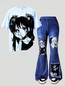 2pcs/Set Cartoon Girl Print Casual Minimalist Short Sleeve Top And Pants For Teen Girls - Blue - View 4