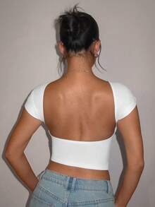 SHEIN MOD 性感休闲纯色百搭露背短袖女式T恤，适合夏季