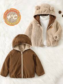 SHEIN Baby Boys Reversible Hooded Padded Coat, Thermal Lined Thickened Winter Jacket, Warm & Soft Comfortable Casual Graphic Print All-Match Outerwear, Suitable For Indoor, Outdoor, Daily, Sports, Party, Holiday In Autumn/Winter Season Baby Bear Jacket Toddler Jackets Baby Boy Coats Fall
