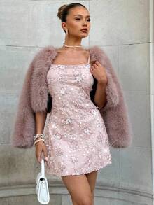 Glamine 性感亮片刺绣吊带紧身迷你连衣裙，夏季 - 粉色 - 查看 6