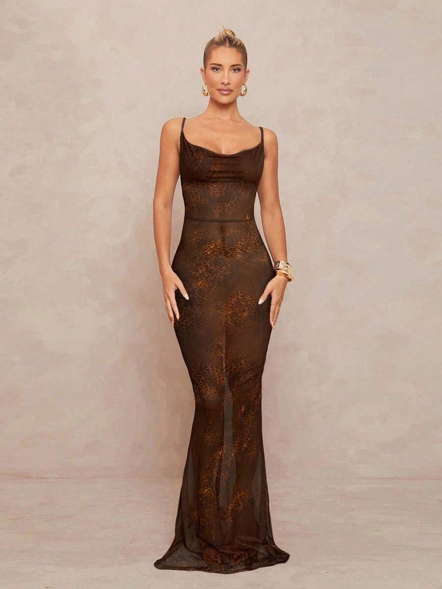 Lumalex 经典豹纹印花低胸细肩带透视紧身美人鱼连衣裙，大腿高开衩，系带 - 棕色 - 查看 1