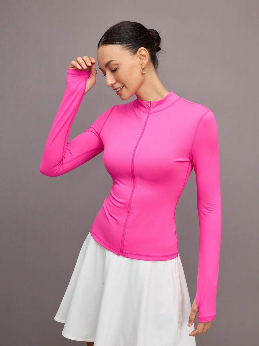 Activina Chaqueta deportiva ajustada de manga larga con cremallera y unicolor para mujer - Rosa Fucsia - Ver 1