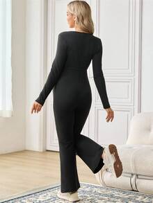 SHEIN Maternity Solid Color Square Neck Long Sleeve Flare Jumpsuit - Black - View 2