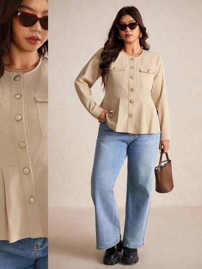 Elaquor Plus Size Women's Casual Solid Color Ruffle Hem Single-Breasted Long Sleeve Jacket Winter Fall Autumn