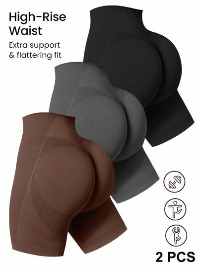 Easithlete Pantalones cortos deportivos sin costuras de cintura alta de unicolor