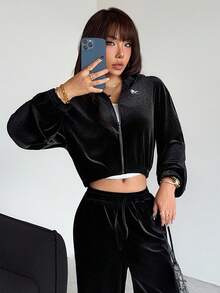 SHEIN 少女天鹅绒休闲运动套装，宽松黑色连帽衫和裤子套装 - 黑色 - 查看 4