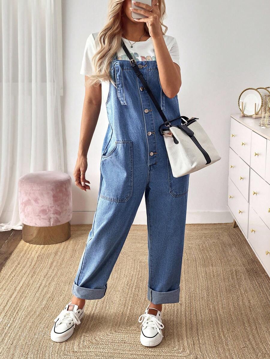 EMERY ROSE Women's Summer Casual Button Half-Placket Large Pocket Denim Bib Pants Casual Street Patchwork Pocket Loose Wide Leg Jeans Women Jeans Baggy Loose Jeans Barrel Leg/Barrel-Leg Jeans Old Money Style