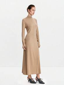 Lumivelle Vestido ajustado de cuello alto y unicolor con diseño en los hombros para mujer - Caqui - Ver 6