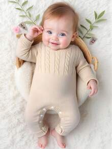 SHEIN Fashionable And Cute Versatile Shoulder Button Sweater Jumpsuit For Toddler Boys - Apricot - View 2