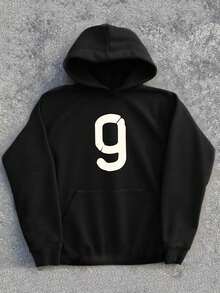 SHEIN Teen Boy Black Autumn Streetwear Graduation Numeric & Text Graphic Comfortable Pullover Sweatshirt, Casual School Sports Fall/Winter Solid Sweatshirt - Black - View 2