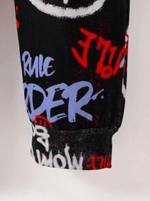 Men's Long Sleeve & Pants Hooded Jumpsuit With Smiling Face Graffiti Elements, In Red & Blue Colors, Combining Vibrant Street Style, Casual & Exaggerated Dynamic Look Hooded Pajamas, Fall