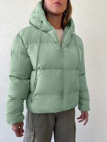 EURMUSE Zippered Hooded Padded Coat With Drawstring Details - Green - View 4