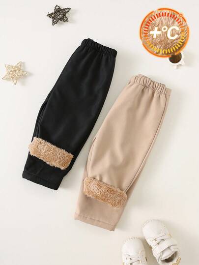 SHEIN 2 Stücke Set für Babys, Jungen/Mädchen, lässig, süß, lustig, Sport, Straße, Gentleman, Schule, vielseitig, bequem, Retro-Mode, dicke Fleece-gefütterte Hose, geeignet für Herbst/Winter, für drinnen und draußen, Kleinkinderhosen, Babyhosen, Winter-Babyhosen, Fleece-gefütterte Babyhosen