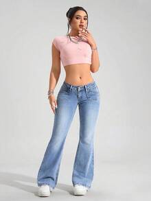 SHEIN PETITE Women's Pocket Flared Casual Versatile Denim Jeans
