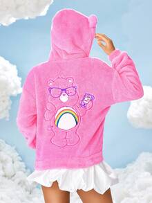 SHEIN X Care Bears 女士卡通刺绣粉色蓬松连帽运动衫